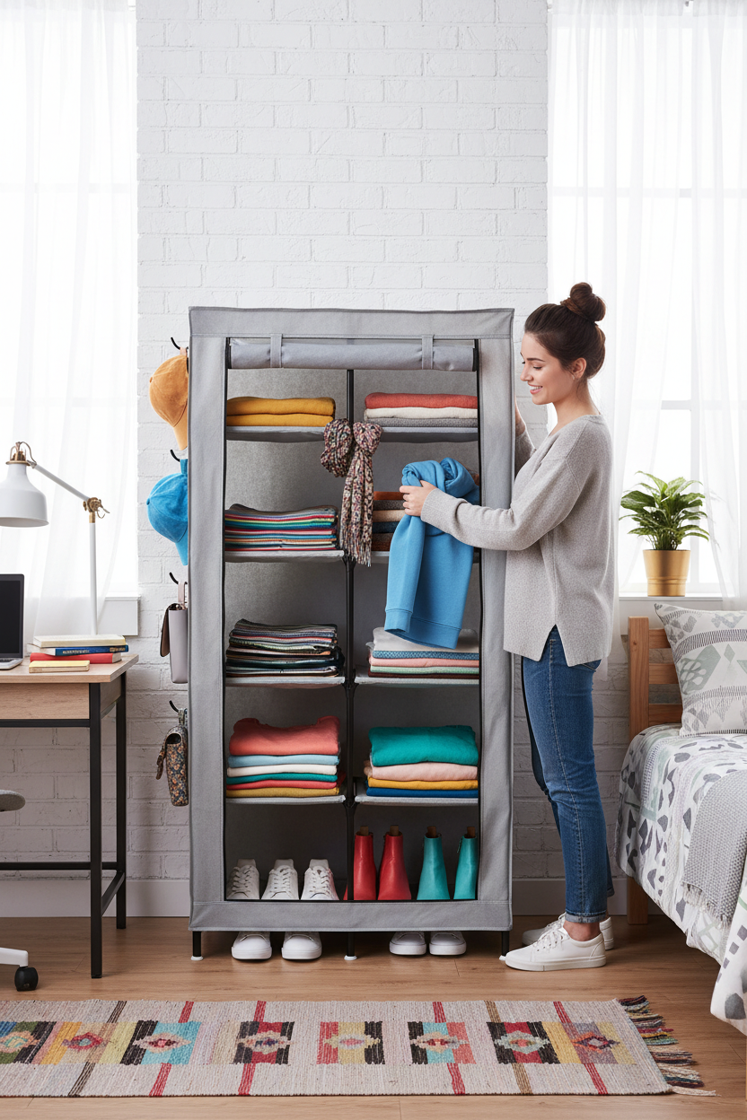 Wardrobe in college dorm setting